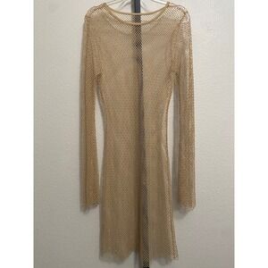 Women's Sheer Net Layering Maxi Dress Tan Y2K Festival Indie Boho Rhinestone